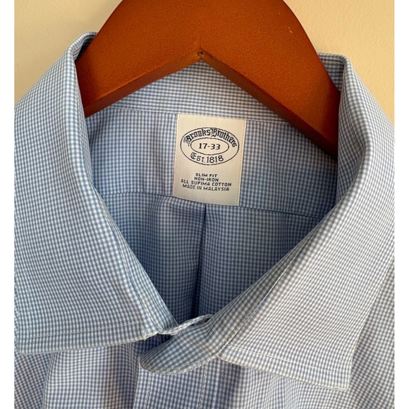 Brooks Brothers Mens Slim Fit Light Blue Gingham Dress Shirt 17 33 Supima Cotton - Picture 3 of 6